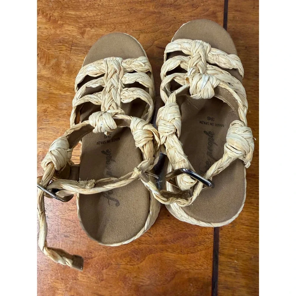 Free People Woven Raffia Platform Sandals Tan Espadrille Wedge Made in Spain 36